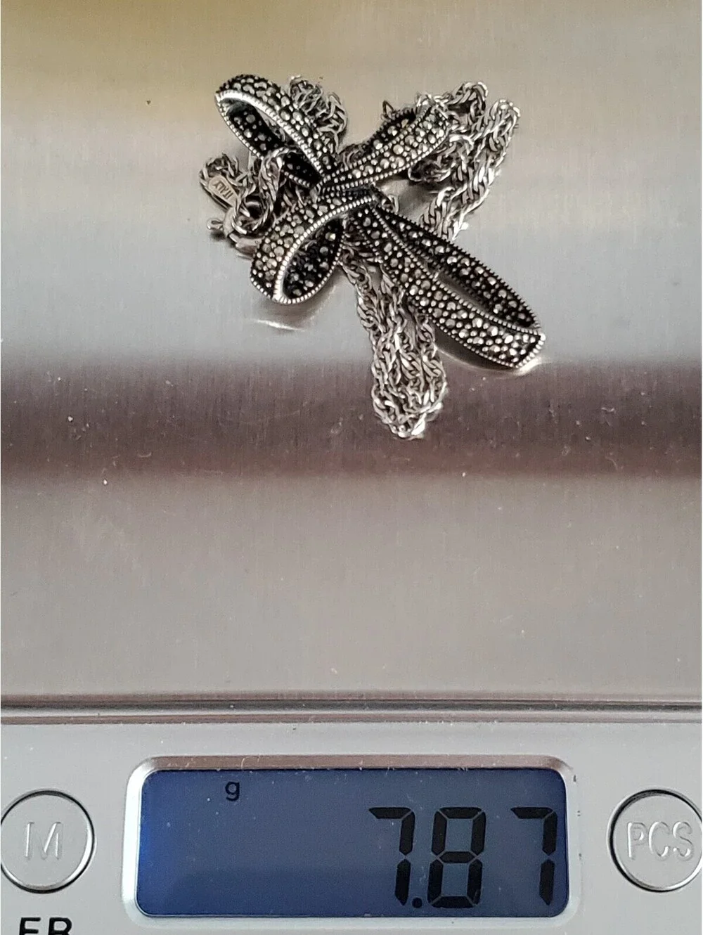 Vintage Sterling Silver Ribbon Marcasite Cross Necklace